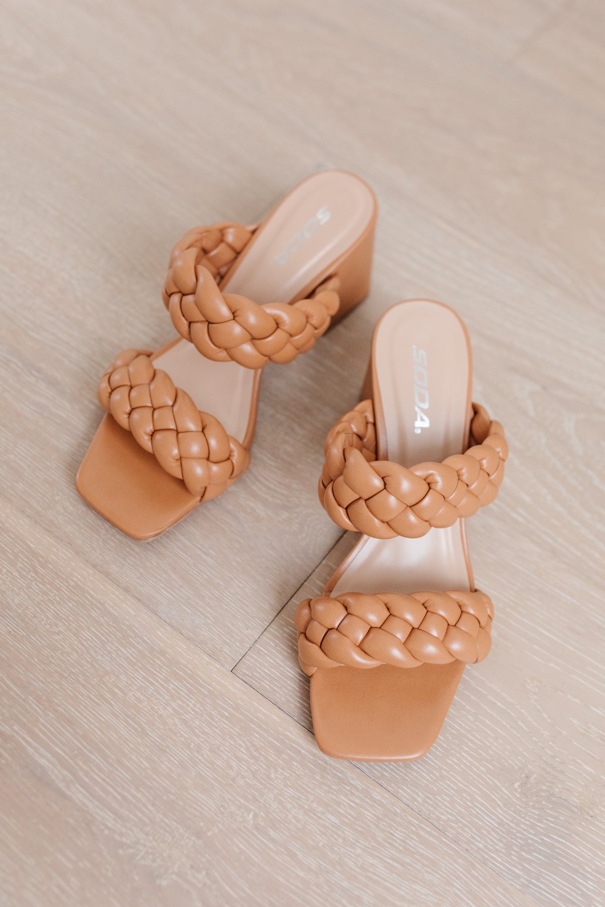 Top view of Maya Braided Heels in Tan from J&J Shop Online, highlighting the twin braided strap and 2.5" heel.