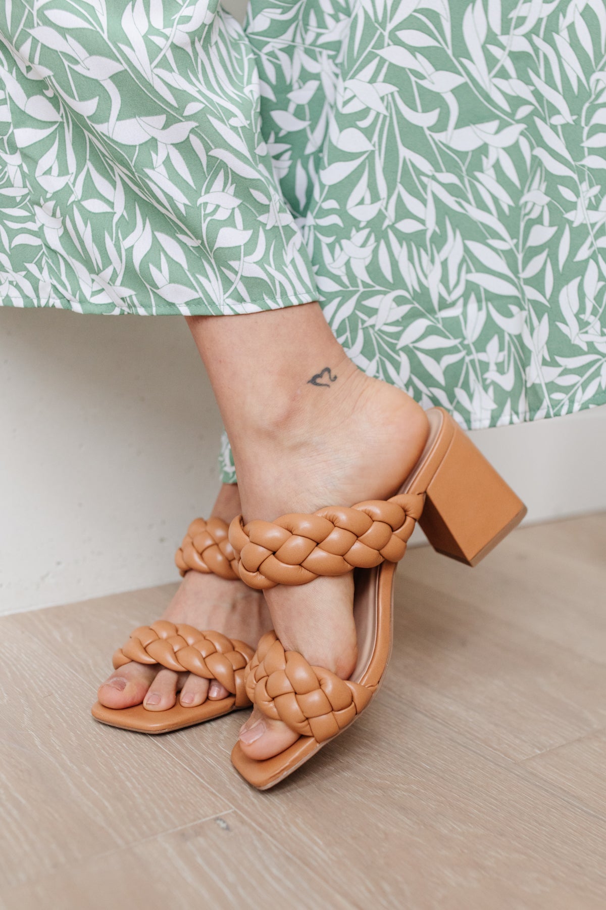 Maya Braided Heels in Tan from J&J Shop Online, worn on a model to show how they elevate a summer dress.