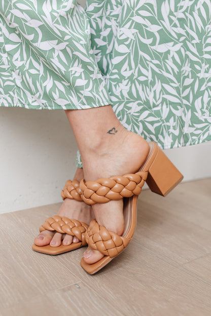 Maya Braided Heels in Tan from J&J Shop Online, worn on a model to show how they elevate a summer dress.