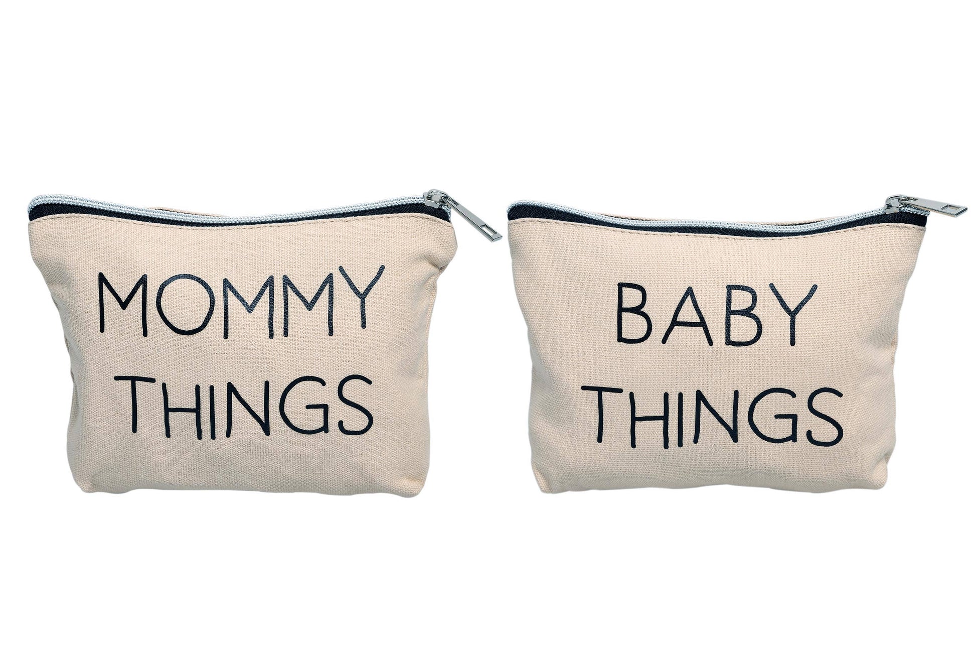 Canvas travel pouches set by Pearhead with "mommy things" and "baby things" prints, available at J&J Shop Online