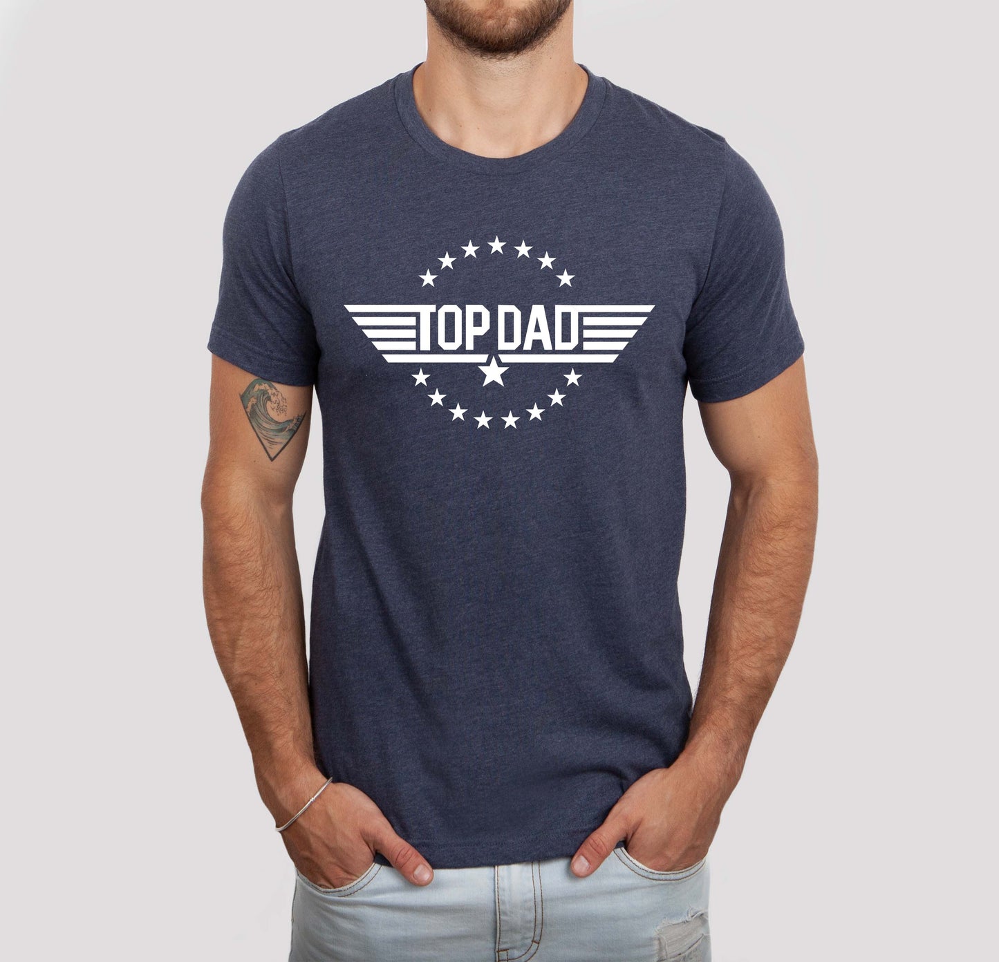 Front view of Top Dad Men’s Shirt in Heather Navy with white distressed print.