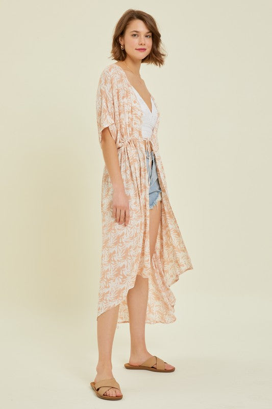 Back view of Tropical Print Gauze Kimono with Hi-Lo Hem in Milk Tea by J&J SHOP ONLINE