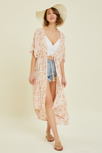 Tropical Print Gauze Kimono with Elastic Waist Tie and Hi-Lo Hem in Milk Tea by J&J SHOP ONLINE