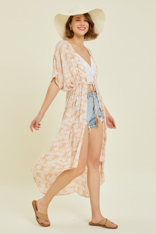 Open front view of Tropical Print Gauze Kimono with Hi-Lo Hem in Milk Tea by J&J SHOP ONLINE